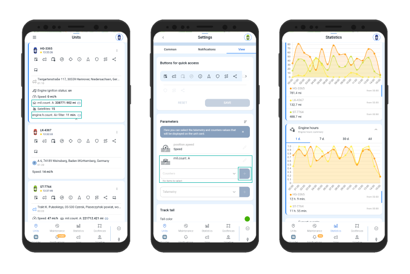 Статистика счетчиков моточасов и пробега