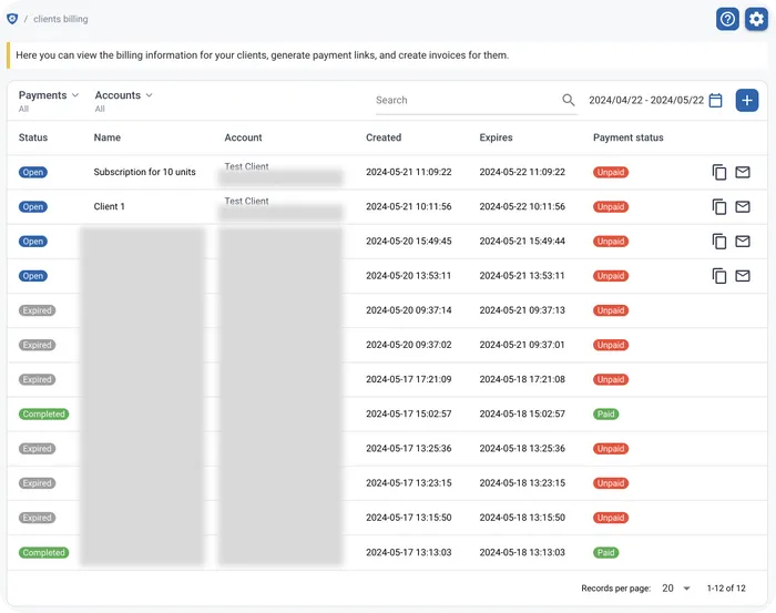 Liens de paiement client dans GPS-Trace Console