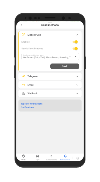 Notificações de geofences e eventos de alarme em gps trace app