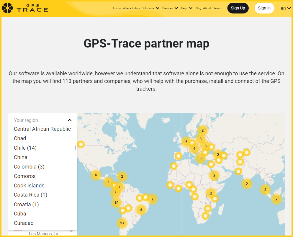 Mapa de parceiros de rastreio GPS