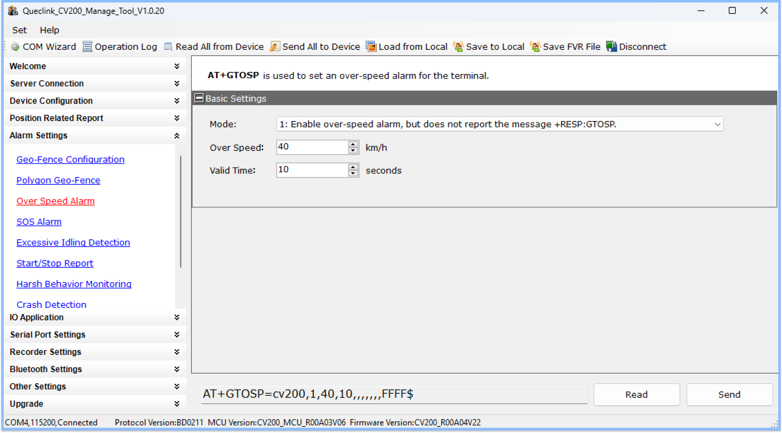 Queclink Configuration Over Speed Alarm