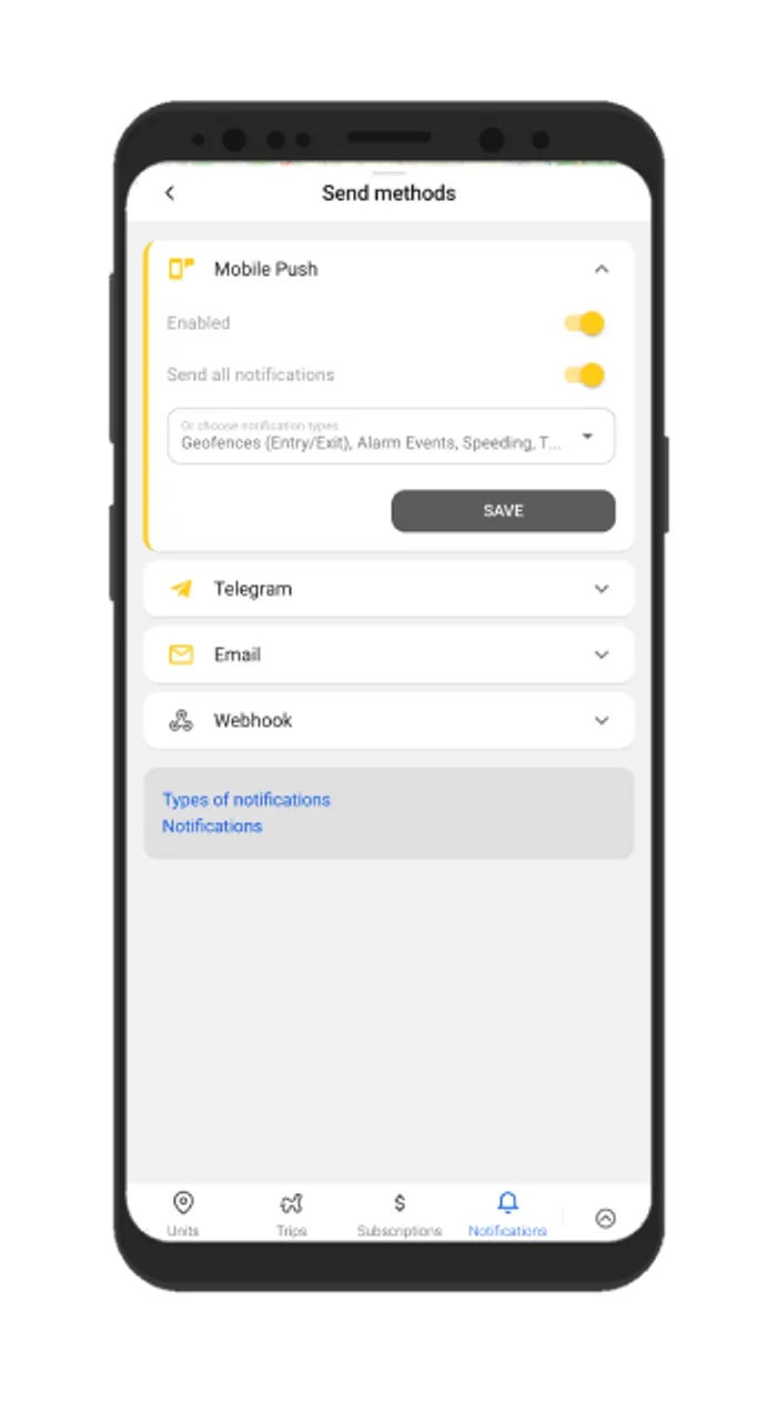 Notificaciones de geocercas y eventos de alarma en la aplicaci&oacute;n de rastreo gps