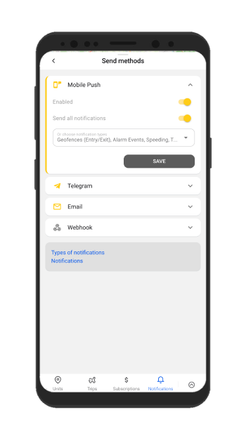Geofences and alarm events notifications in GPS trace app