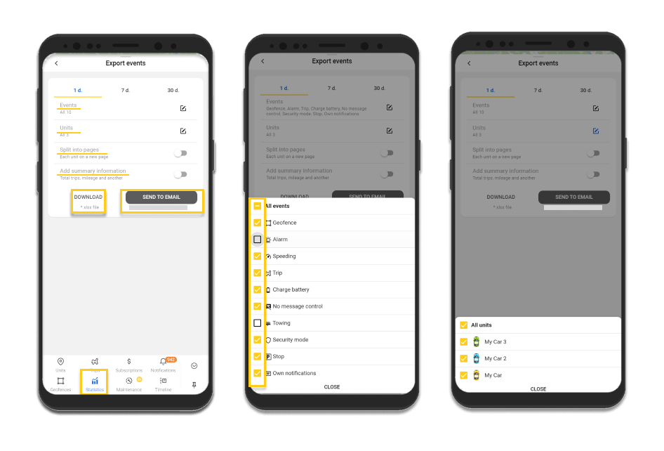 Exportation des événements depuis l'application