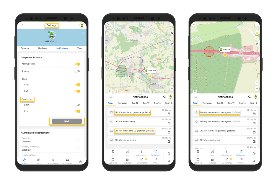 Pemberitahuan Mengenai Geozona dan Peringatan Mode Keamanan