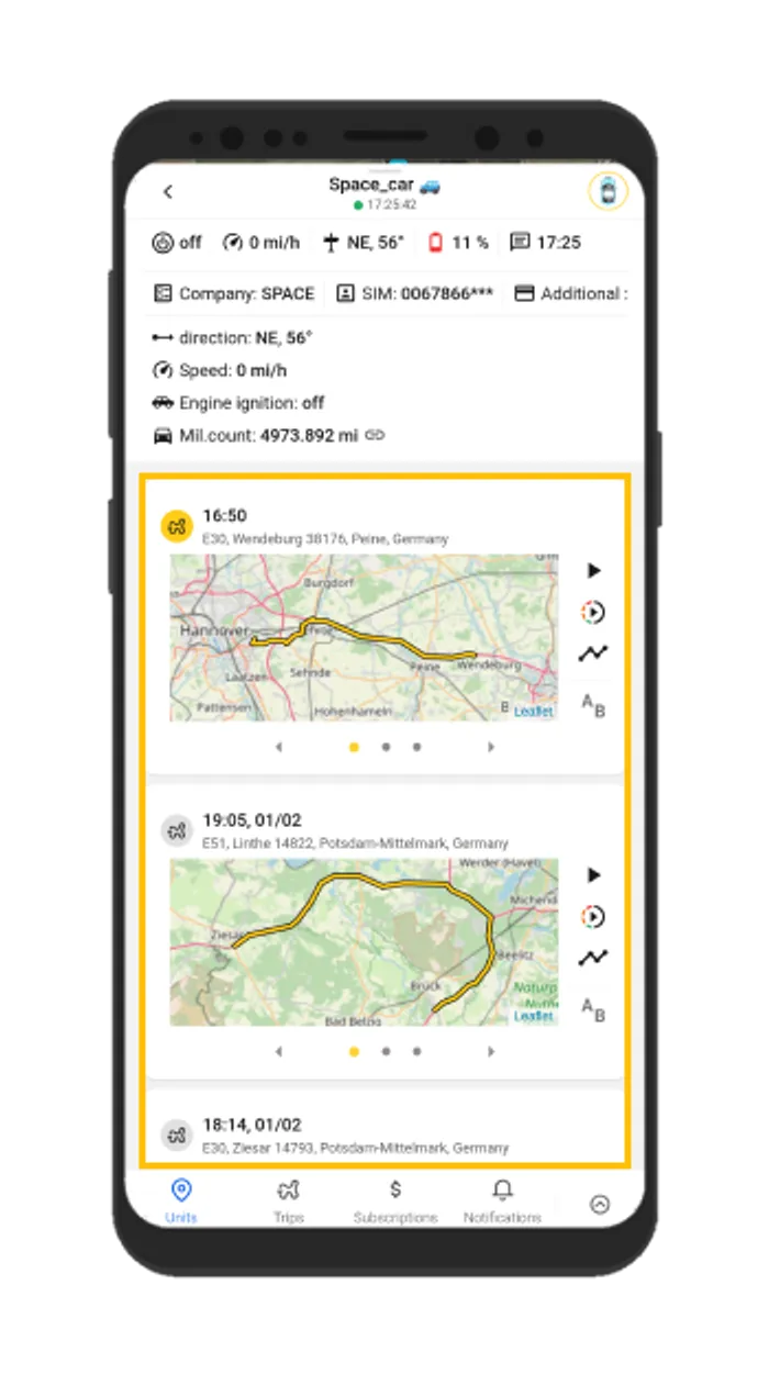 Viajes del rastreador gps en el mapa
