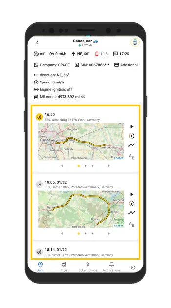 Viajes del rastreador gps en el mapa