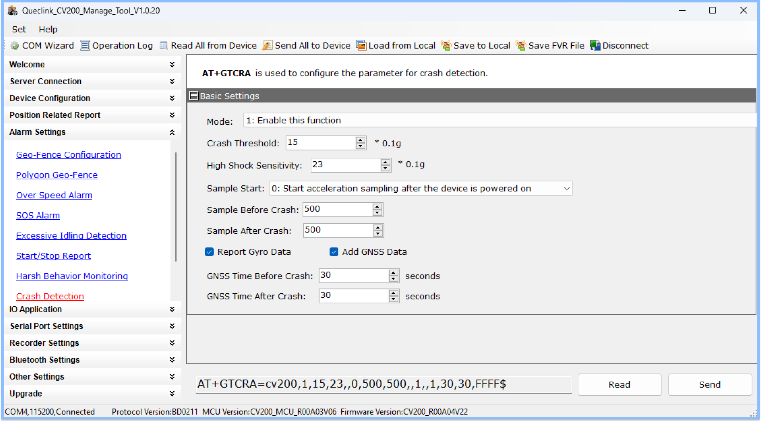 Queclink Configuration Crash Detection