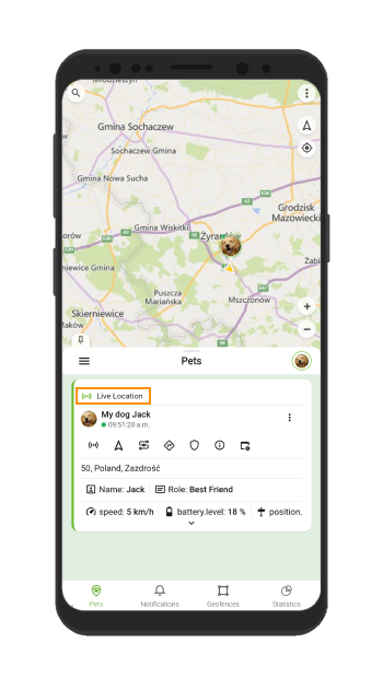 Función de Compartir en la aplicación de seguimiento GPS