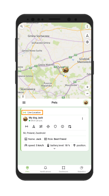 Fonctionnalité de partage dans l'application de suivi GPS