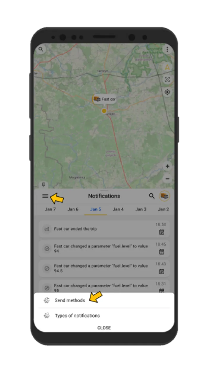 Notifications from gps car tracker in real-time