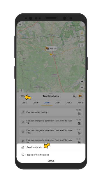 Notifications from gps car tracker in real-time