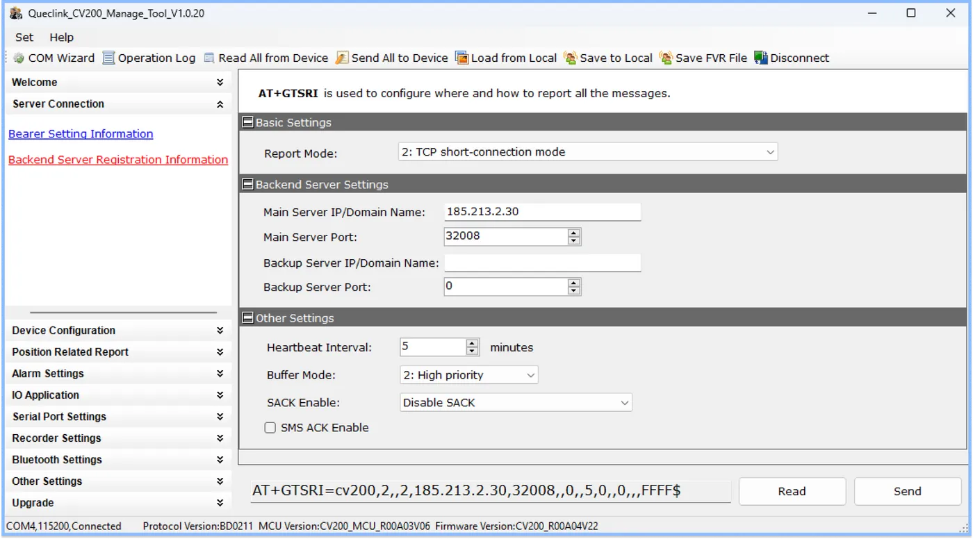 Queclink Configuration Server and Port