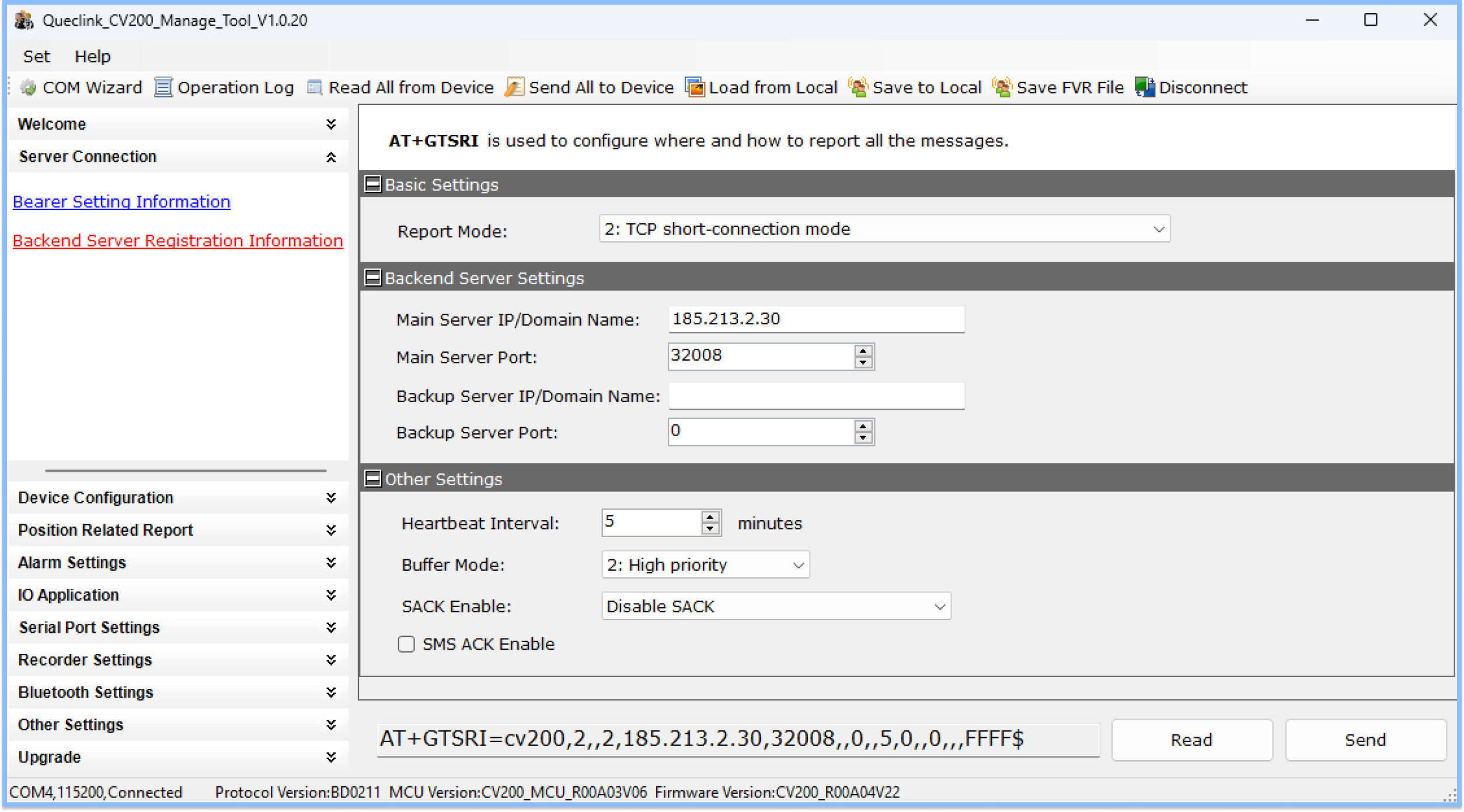 Queclink Configuration Server and Port