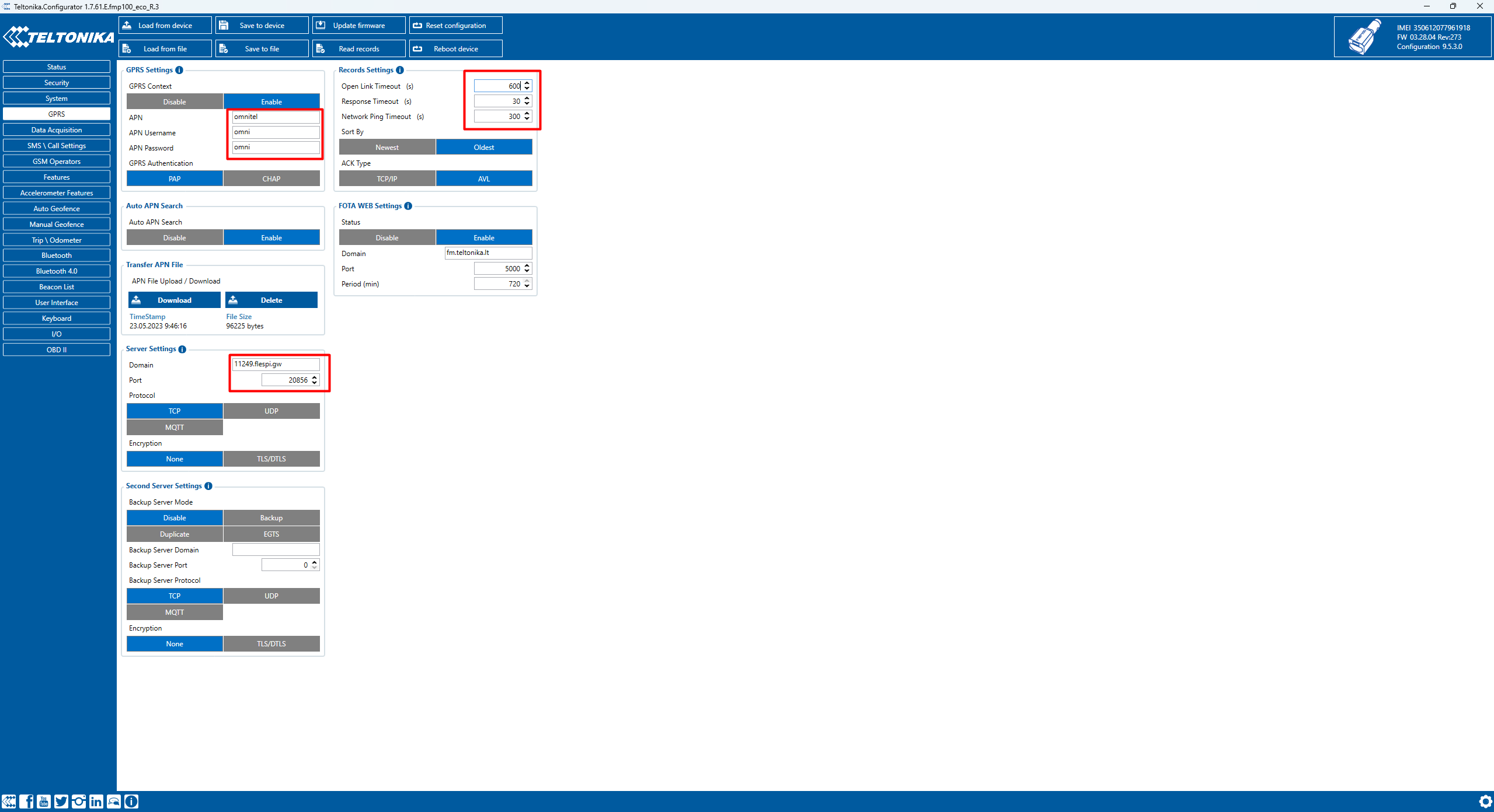 Paramètres GPRS dans le Configurateur Teltonika