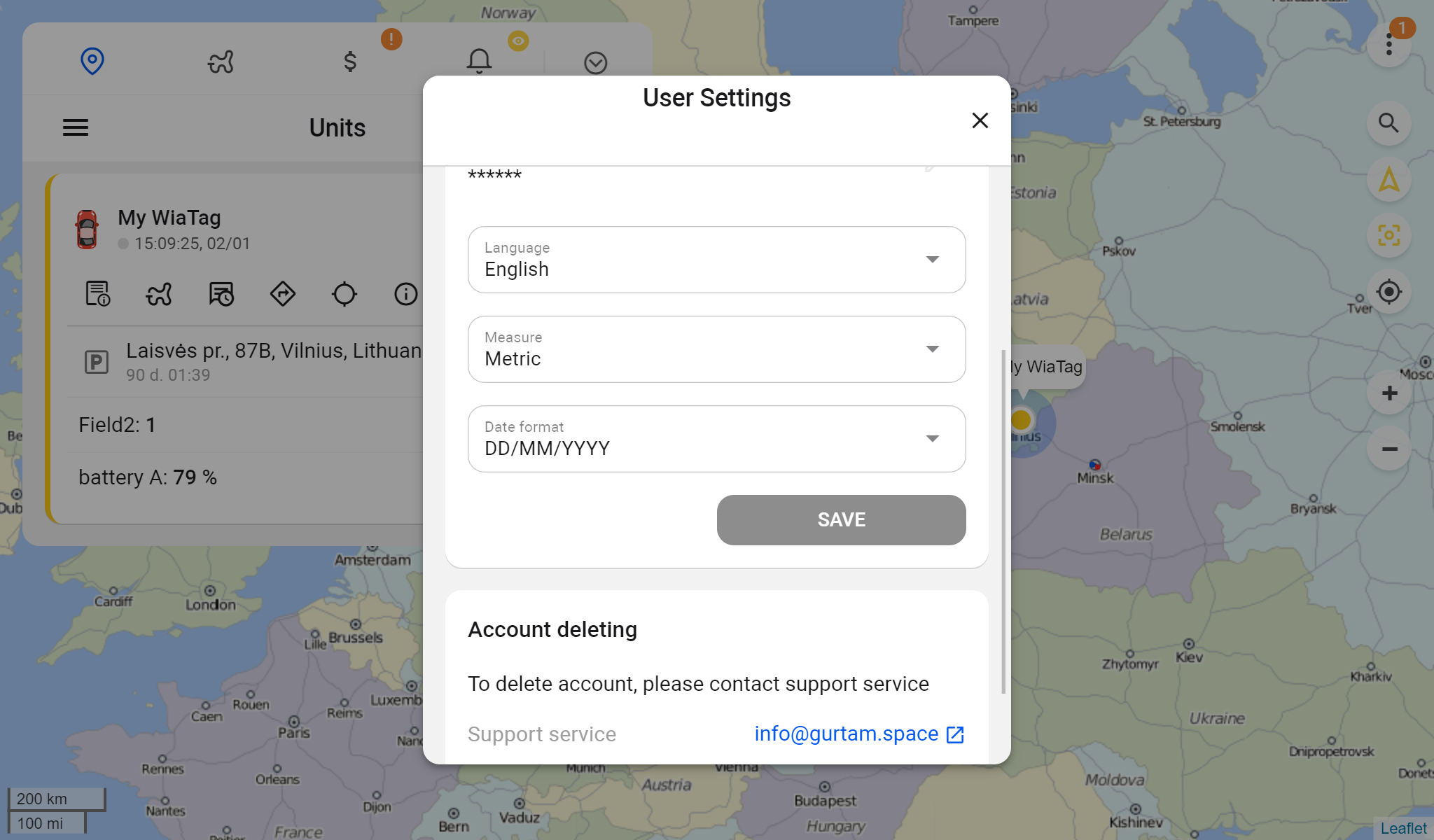 User settings in GPS app